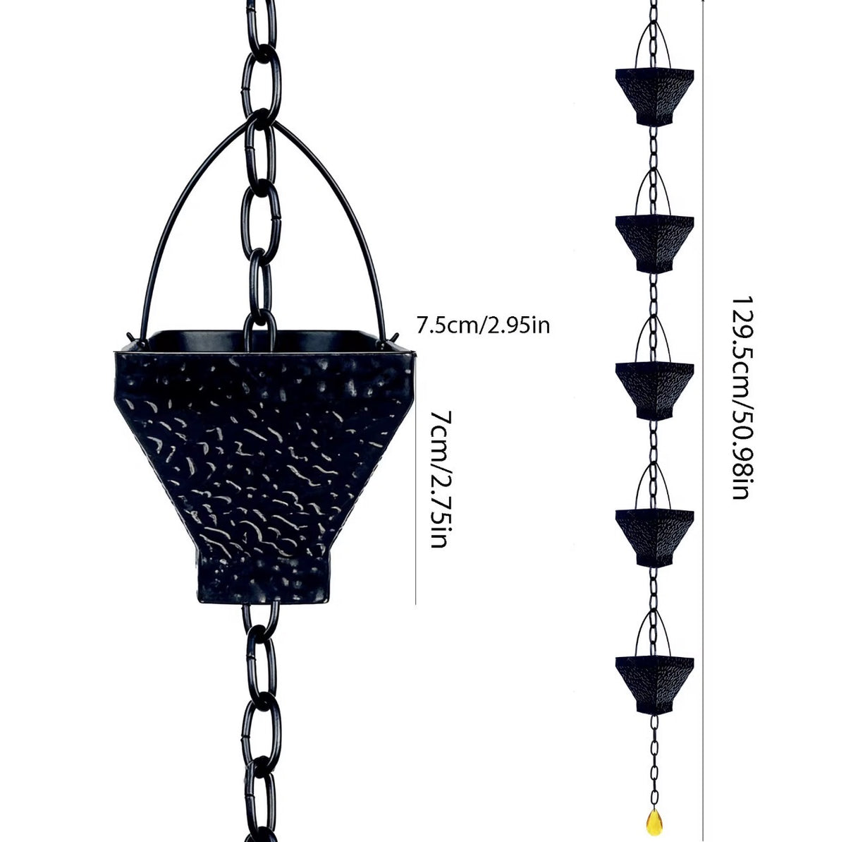 Black hammered cup rain chain dimensions: 2.95 in (7.5 cm) wide by 2.75 in (7 cm) tall cups, 50.98 in (129.5 cm) overall length with amber teardrop end